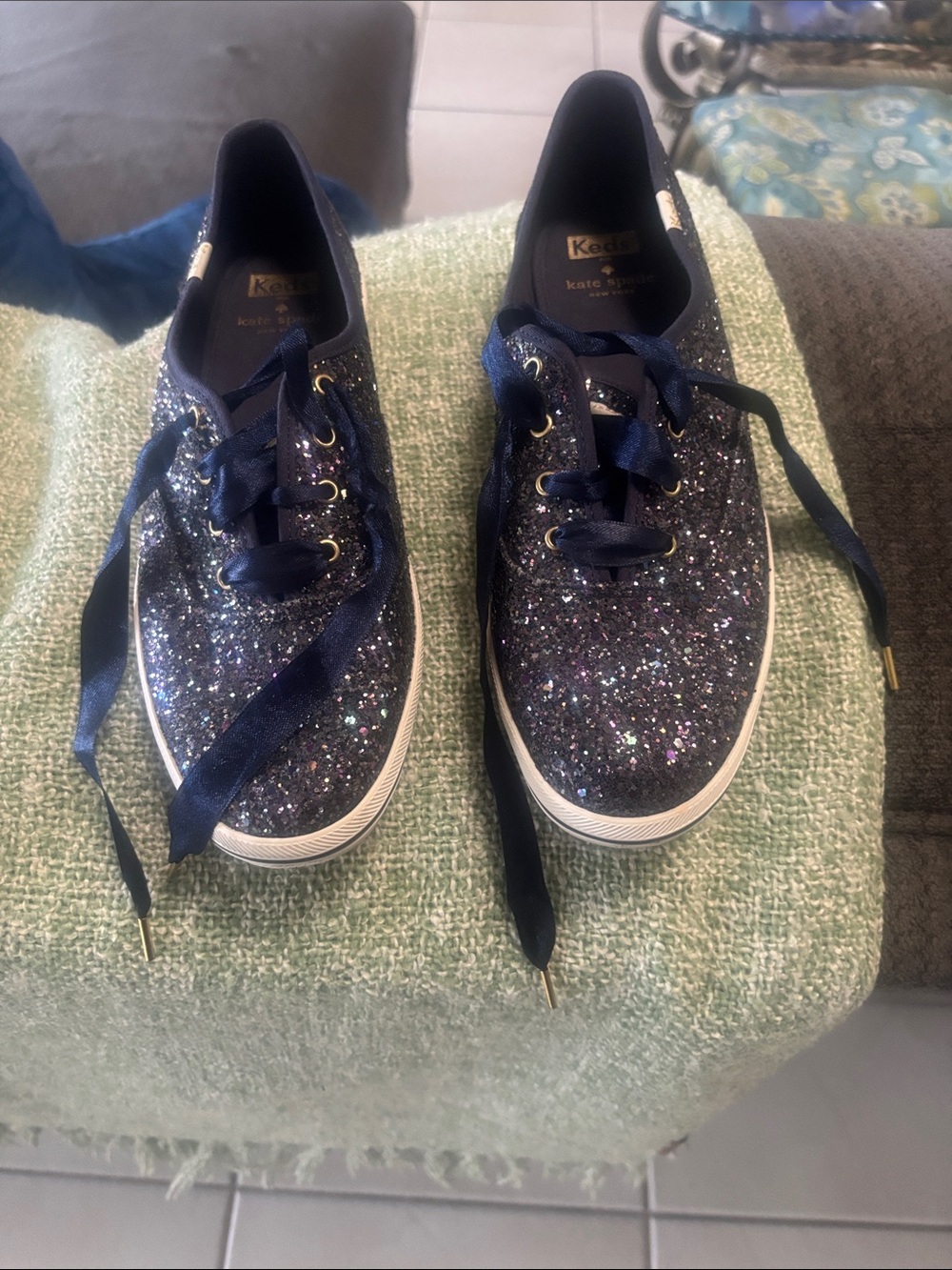 kate spade Navy Glitter Ribbon Lace Sneakers